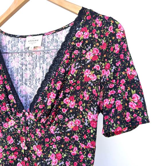 Sezane Jamie Floral Pink Black T-Shirt Blouse Feminine Romantic Dainty Medium - Picture 6 of 9